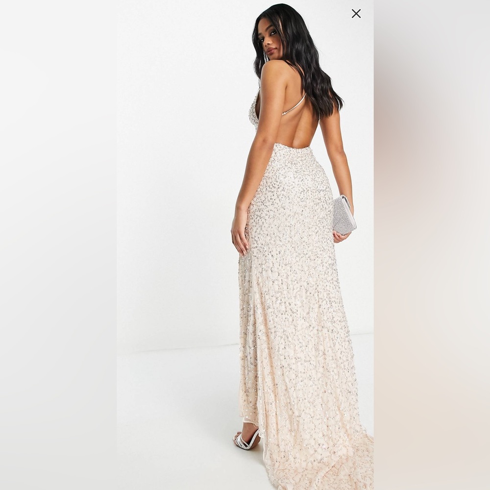 Size 8 Lace&Beads embellished thigh slit maxi formal or prom dress in light gold